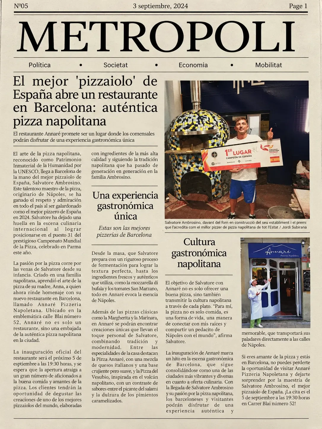 Portada del periódico Metropoli dedicada a Annaré: el mejor pizzaiolo de España abre un restaurante en Barcelona