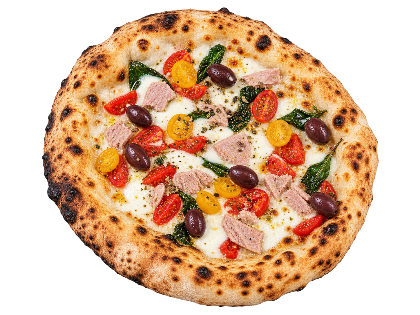 Pizza napolitana de Annaré con tomate cherry, atún y aceitunas